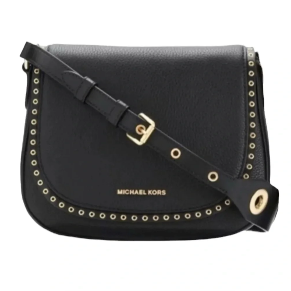 Michael Kors Brooklyn Black Gold Grommet Saddlebag Crossbody Purse Small